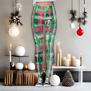 Festive plaid green red white grey cream glitter leggings