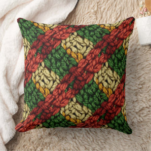 Festive Plaid Knit Pattern in Red, Green, Gold Cushion