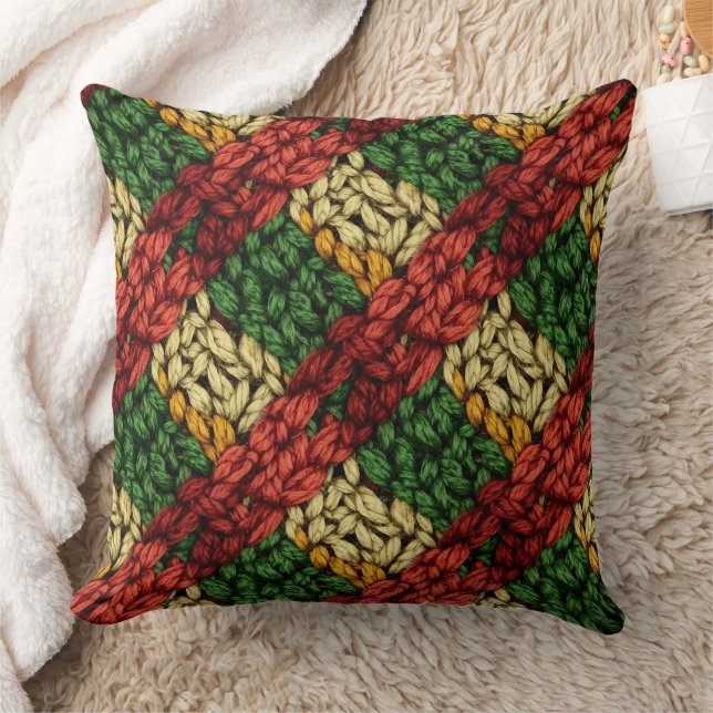 Festive Plaid Knit Pattern in Red, Green, Gold Cushion (Blanket)