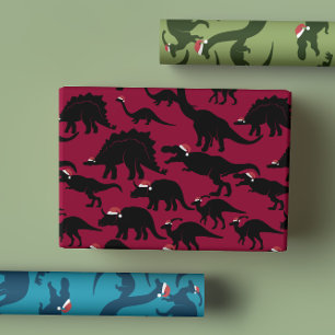 Festive Playful Dinosaurs Wearing Santa Hats Wrapping Paper Sheet