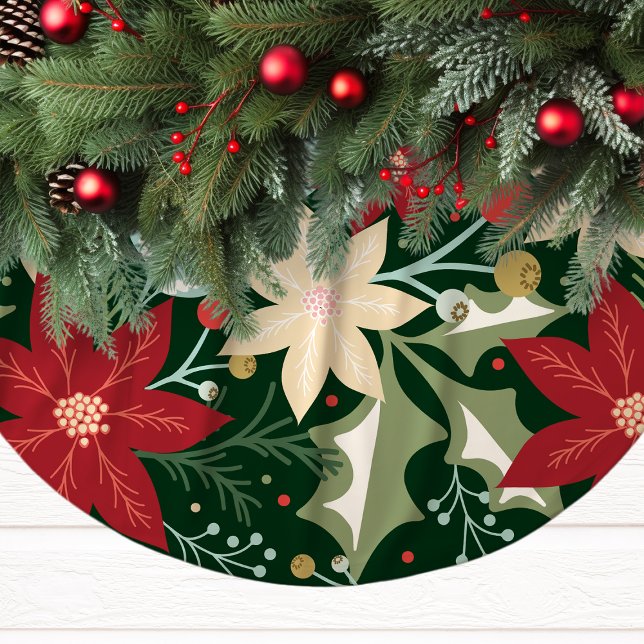 Festive Poinsettia and Holly Christmas Brushed Polyester Tree Skirt (Creator Uploaded)