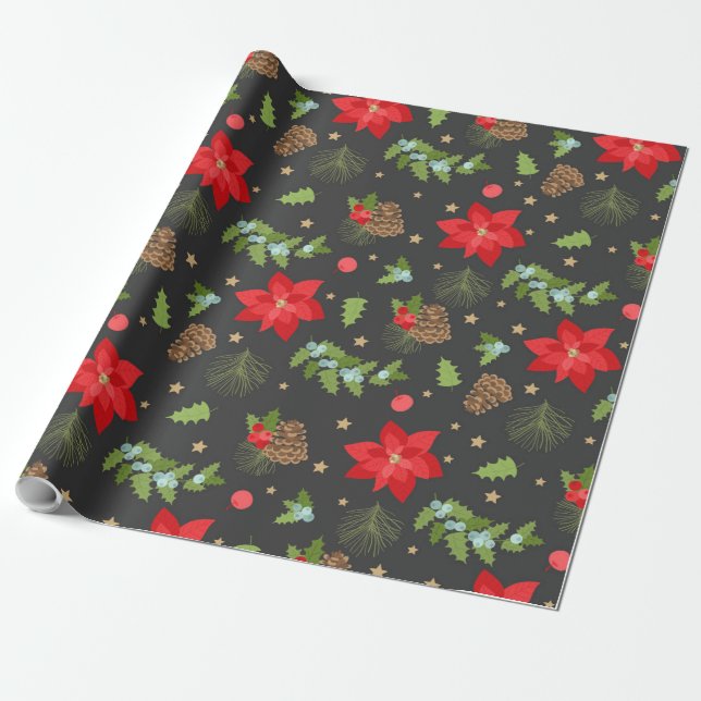 Festive Poinsettia and Pinecones Wrapping Paper (Unrolled)