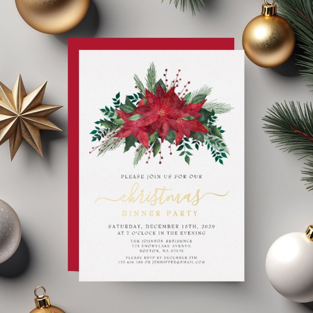 Festive Poinsettia Christmas Dinner Party Gold (Festive Poinsettia Christmas Dinner Party Gold Foil Invitation)
