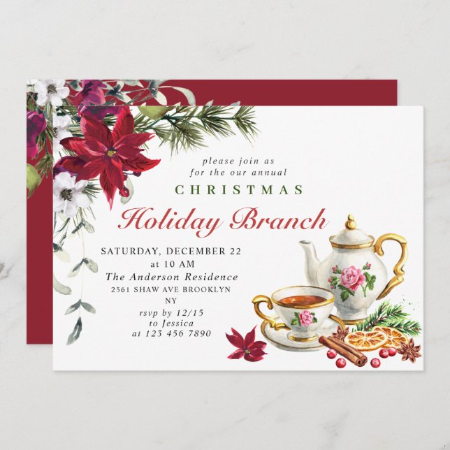Festive Poinsettia Christmas Holiday Branch Invitation (Front/Back)