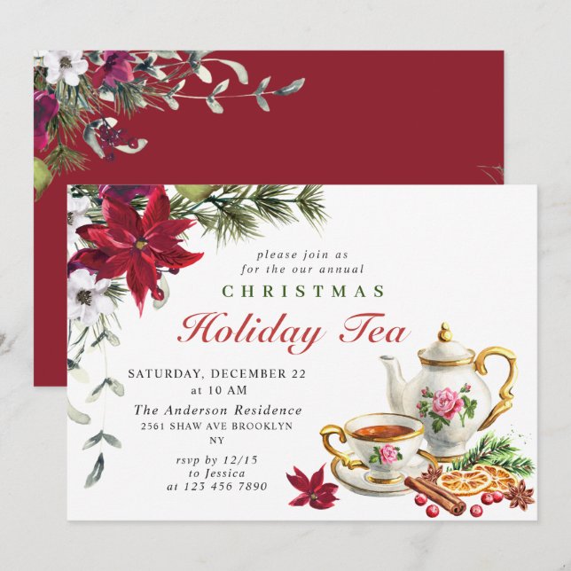 Festive Poinsettia Christmas Holiday Tea Party Invitation (Front/Back)