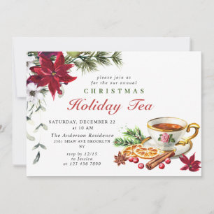 Festive Poinsettia Christmas Holiday Tea Party Invitation