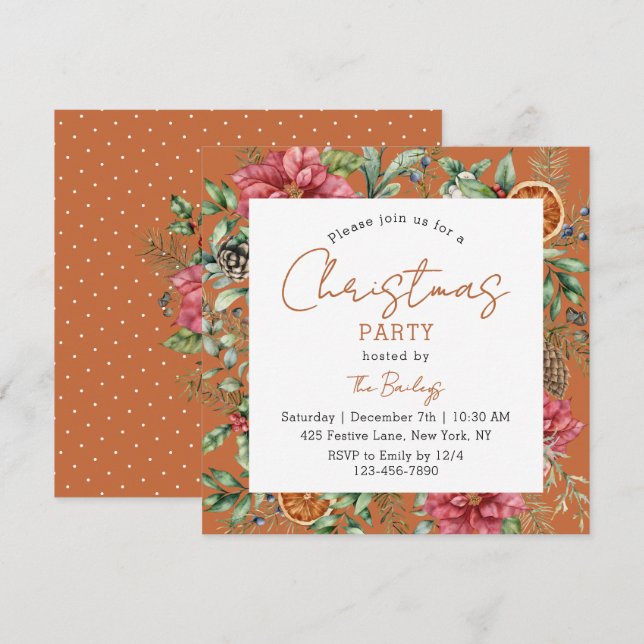Festive Poinsettia Christmas Party Script Invitation (Front/Back)