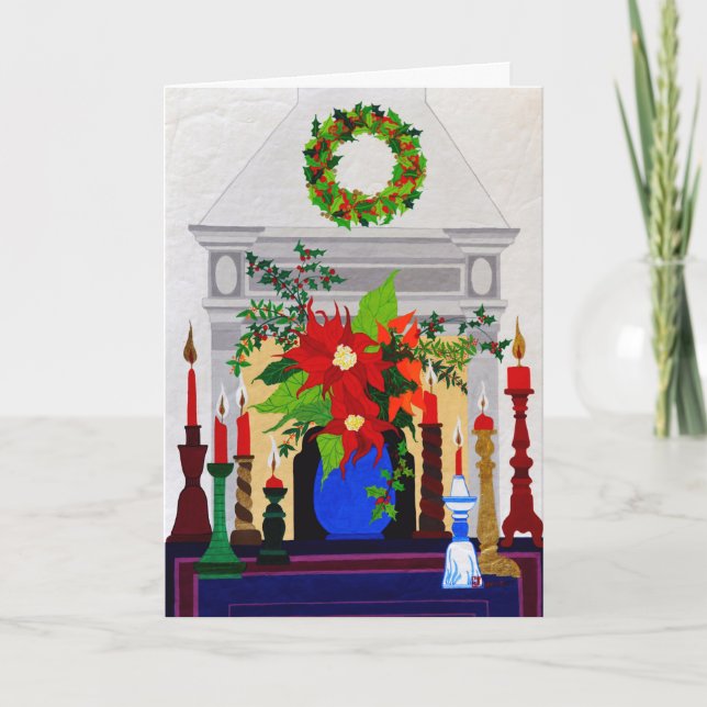 Festive Poinsettia Fireplace Card (Front)