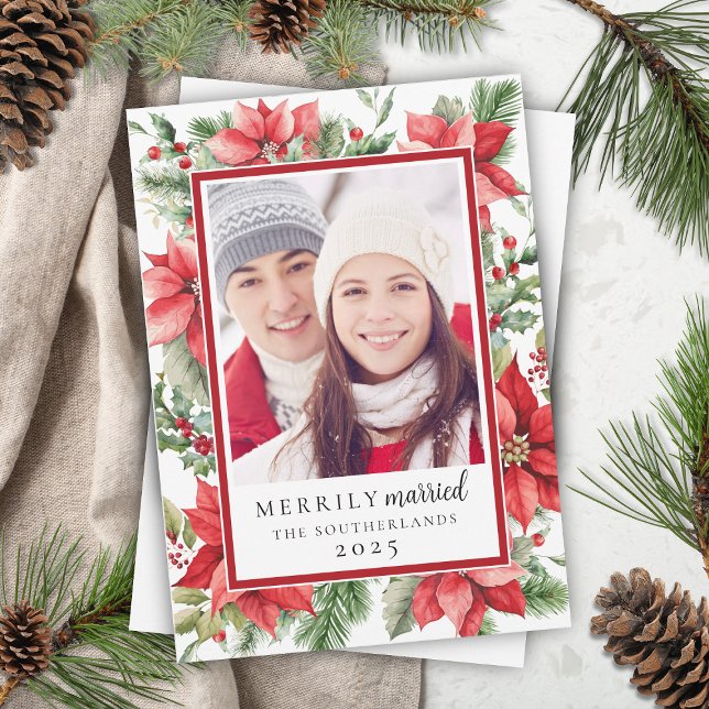 Festive Poinsettia Floral Merrily Married Winter Holiday Card (elegant red poinsettia floral merrily married newlywed christmas cards with personal message on back)