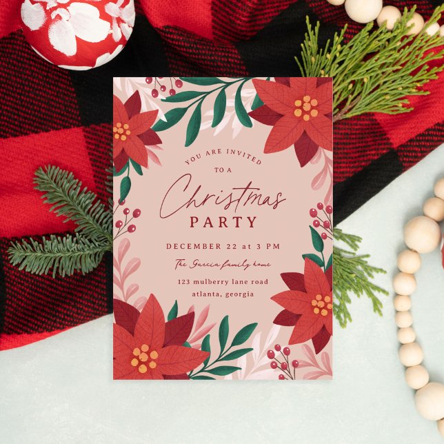 Festive Poinsettia Flowers Christmas Party Invitation (elegant Christmas party invitation with poinsettias and foliage.)