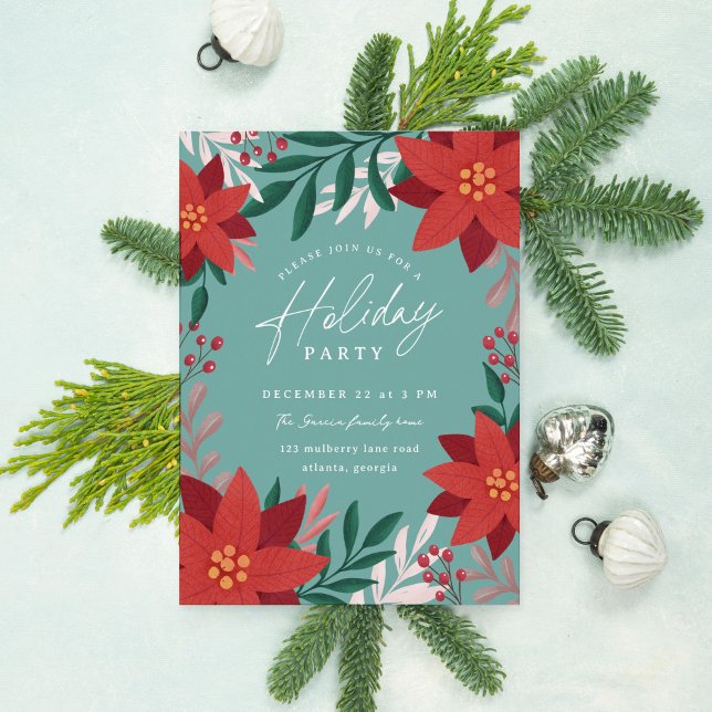 Festive Poinsettia Flowers Holiday Party Invitation (teal holiday party invitation with elegant poinsettias and botanicals)