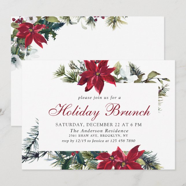 Festive Poinsettia Holiday Brunch Christmas Party Invitation (Front/Back)