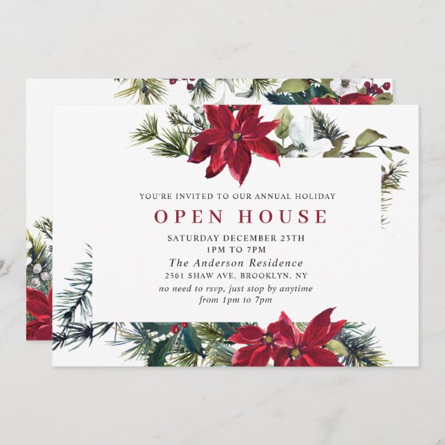 Festive Poinsettia Holiday Christmas Open House Invitation (Front/Back)