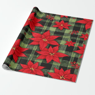 Festive Poinsettia Pattern on Green Plaid Classic Wrapping Paper