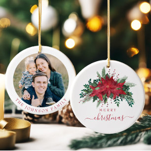 Festive Poinsettia Photo Christmas Ceramic Tree Decoration