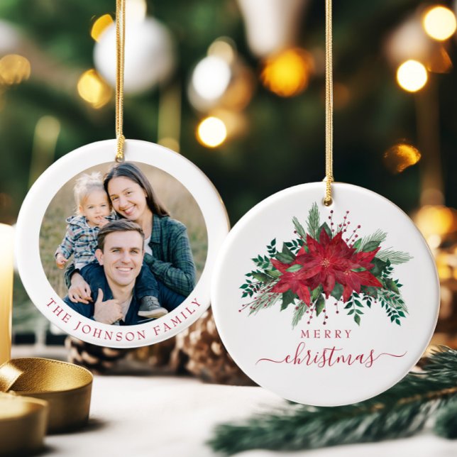 Festive Poinsettia Photo Christmas Ceramic Tree Decoration (Festive Poinsettia Photo Christmas Ceramic Ornament)