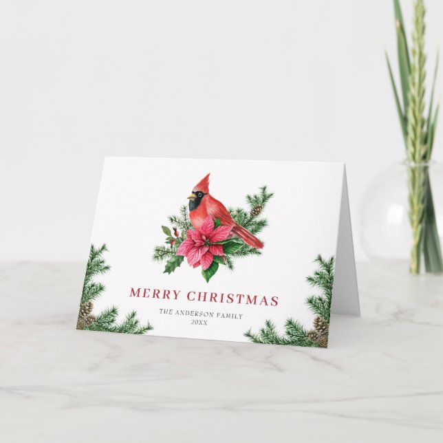 Festive Poinsettia Red Cardinal Christmas Greeting Holiday Card (Front)