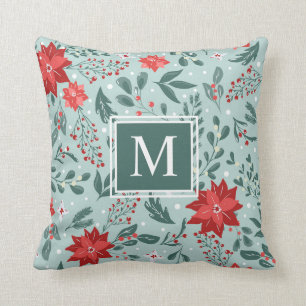 Festive Poinsettias and Holly Berries Monogram  Cushion