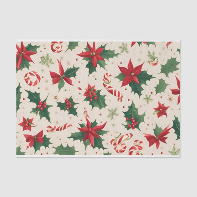 Festive Poinsettias & Candy Cane Christmas Tissue  Paper (Front)