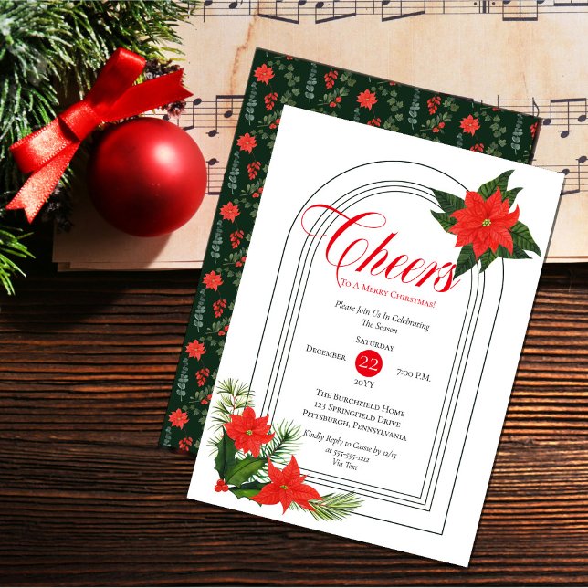 Festive Poinsettias Pine and Holly Christmas Party Invitation (Creator Uploaded)