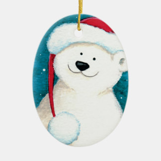 Festive Polar Bear in a Santa Hat Ceramic Tree Decoration
