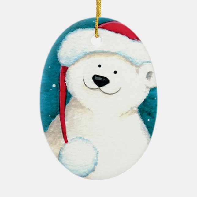 Festive Polar Bear in a Santa Hat Ceramic Tree Decoration (Front)