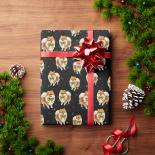 Festive Pomeranian Dog in Bow Tie Black Pattern Wrapping Paper