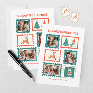 Festive Postage Stamp 3 Photo Collage Christmas Holiday Card