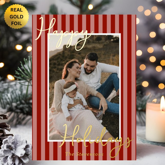 Festive Preppy Red Stripes Photo Christmas Gold  (Creator Uploaded)