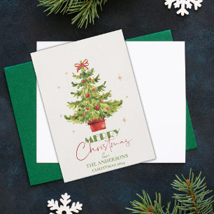 Festive Pretty Green Christmas Tree In Pot Holiday Card