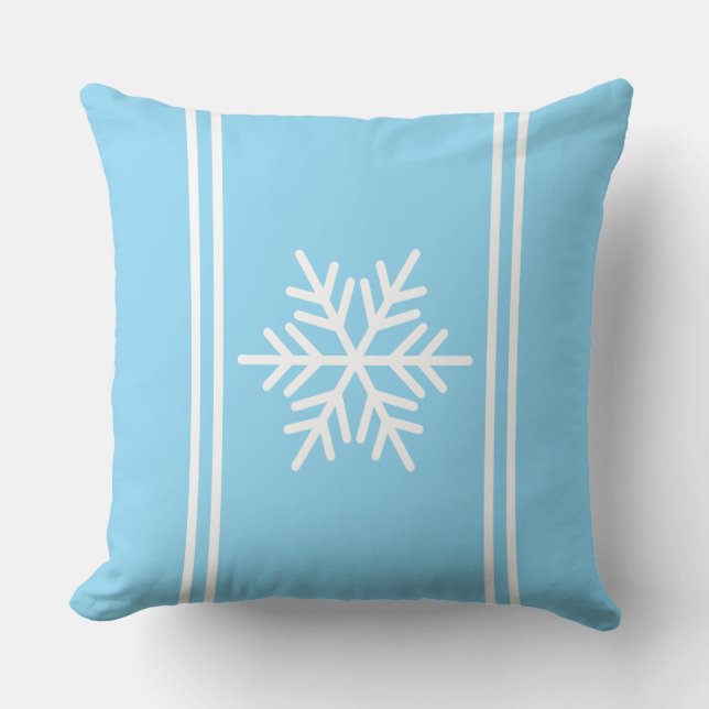 Festive Pretty Snowflake Light Blue White Stripes Cushion (Front)