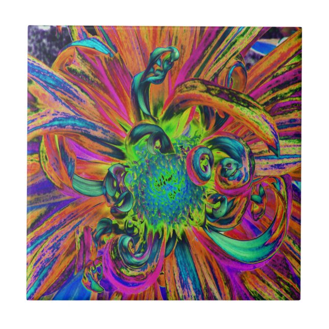 Festive Psychedelic Colourful Dahlia Flower Petals Tile (Front)