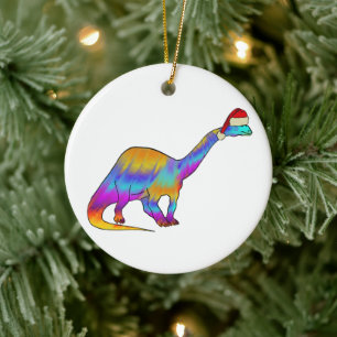 Festive Psychedelic Rainbow Brontosaurus Dinosaur Ceramic Tree Decoration