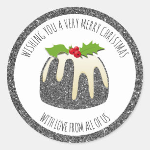 Festive Pudding Silver GLITTER SPARKLE Christmas Classic Round Sticker