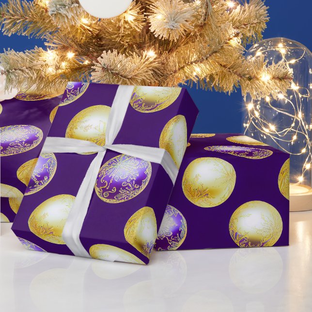 Festive Purple and Gold Christmas Ornaments Wrapping Paper (Holidays)