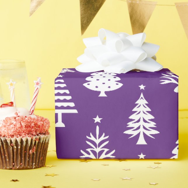 Festive Purple and White Christmas Tree Pattern Wrapping Paper (Birthday Party)