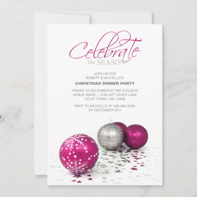 Festive Purple Baubles Celebrate the Season Invitation (Front)