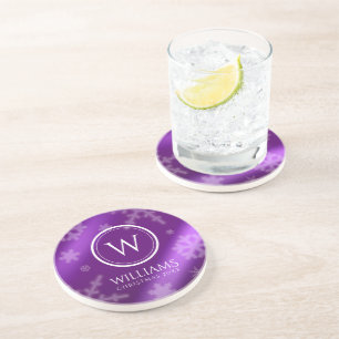 Festive Purple Foil Snowflakes Monogram Name Coaster