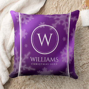 Festive Purple Foil Snowflakes Monogram Name Cushion