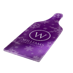 Festive Purple Foil Snowflakes Monogram Name Cutting Board