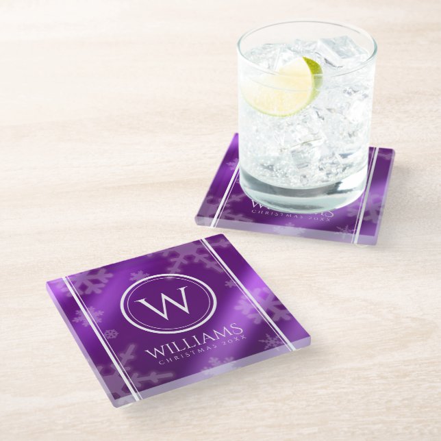 Festive Purple Foil Snowflakes Monogram Name Glass Coaster (Angled)