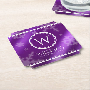 Festive Purple Foil Snowflakes Monogram Name Paper Coaster