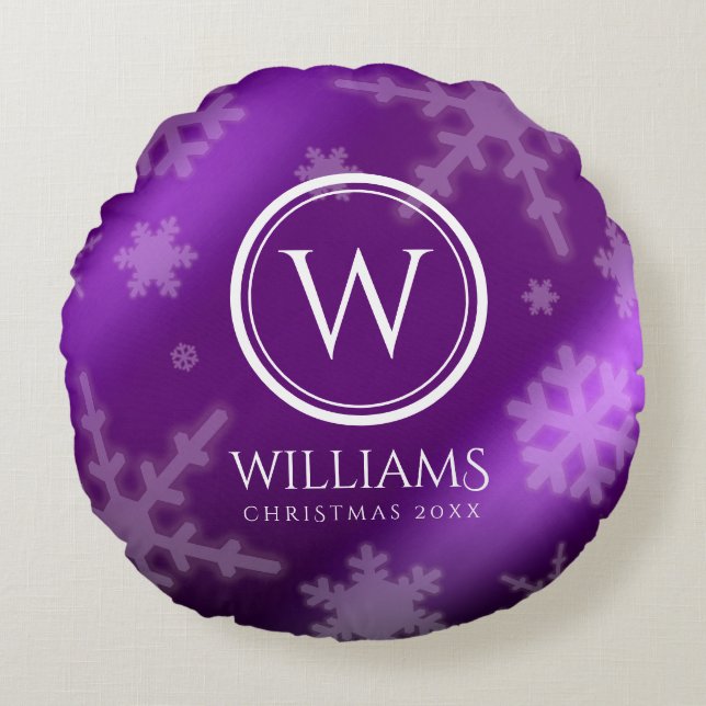 Festive Purple Foil Snowflakes Monogram Name Round Cushion (Front)