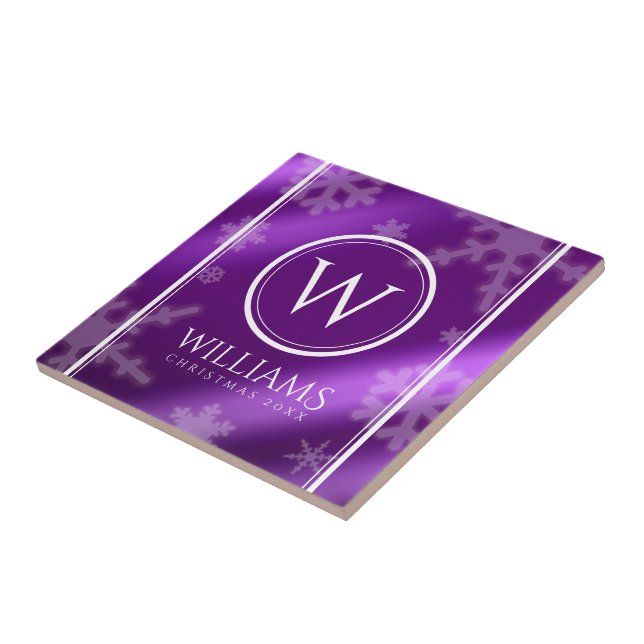 Festive Purple Foil Snowflakes Monogram Name Tile (Side)