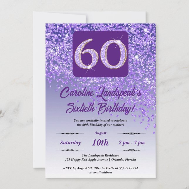 Festive Purple Glitter 60th Birthday Invitation (Front)