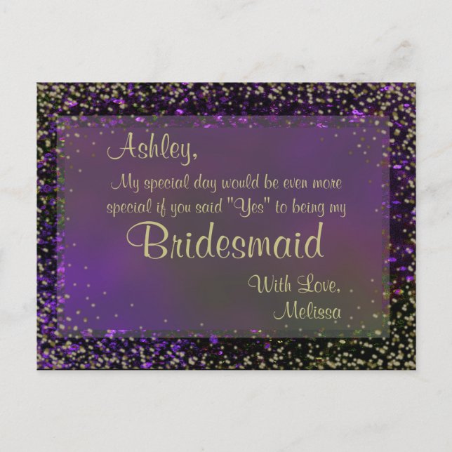 Festive Purple Glow - Will You Be My Bridesmaid? Invitation Postcard (Front)