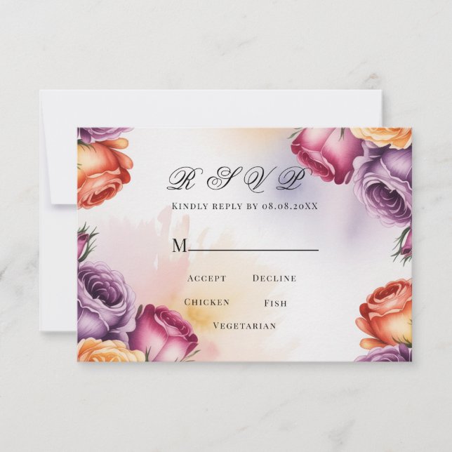 Festive Purple Orange and Red Roses Wedding RSVP Card (Front)