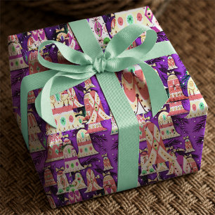 Festive Purple Retro Christmas Bells Wrapping Paper
