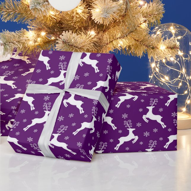 Festive Purple & White Christmas Reindeer Pattern Wrapping Paper (Holidays)