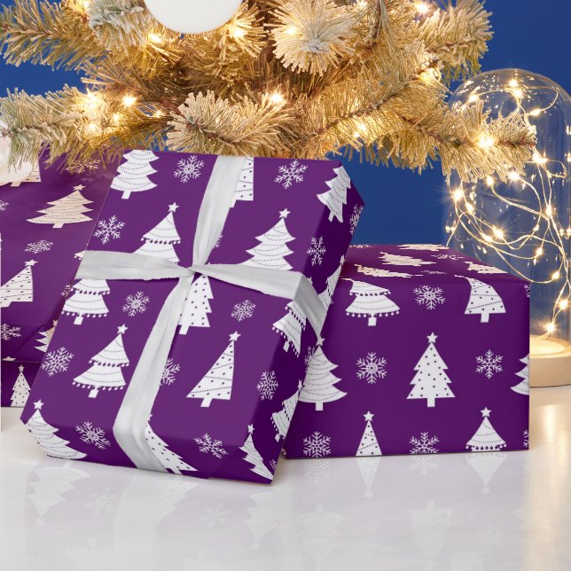 Festive Purple & White Christmas Tree Pattern Wrapping Paper (Holidays)